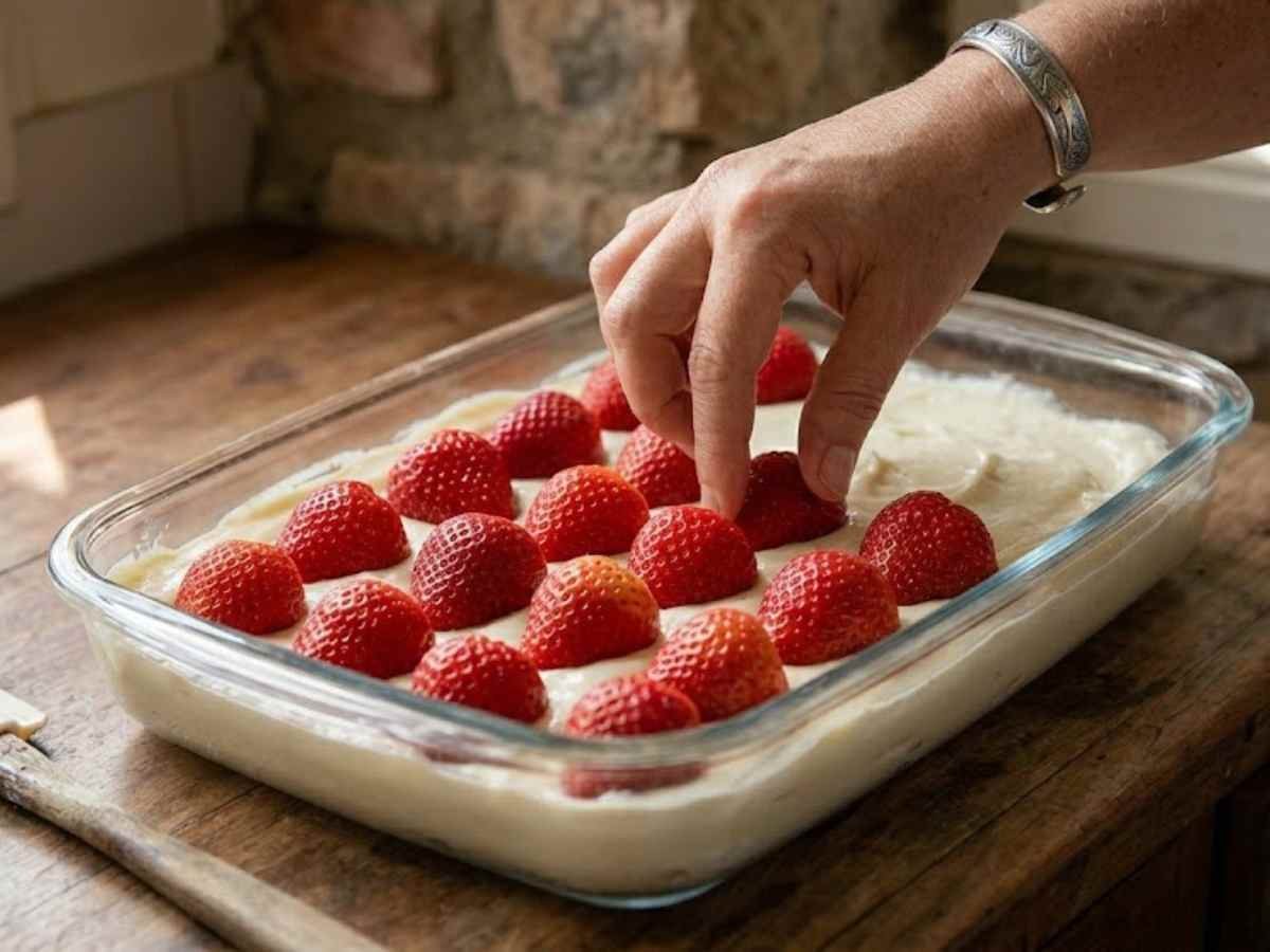 Ovo de Páscoa de Travessa "Morango do Amor": A sobremesa de 15 minutos que substitui o ovo de R$ 100 #128 Passo 2 da Receita de Ovo de Páscoa de Travessa - A montagem da sedução: acomodando os morangos inteiros e bem secos, lado a lado, sobre a camada de creme branco na travessa de vidro transparente.